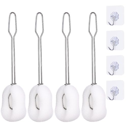 Image of Sponge Bottle Brush Set 4PCS Cup Cleaning Brush with Replaceable Sponge Stainless Steel Long Handle Bottle Scrubber Brush Baby Bottle Brushes (4PCS + Hooks 4PCS)
