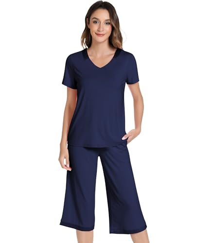 Image of NACHILA Bamboo Viscose Women's Pajamas Set Short Sleeve Pjs and Capri Pants | Soft like cloud,Breathable,Moisture wicking,Tagless
