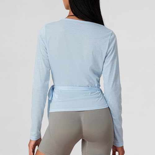 Image of Womens Slim Fit Tie Front Open Front Wrap Long Sleeve T Shirt Y2K Ballet Going Out Cardigan Aesthetic Casual Tops