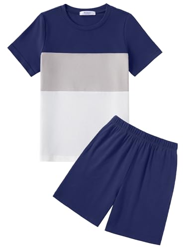 Arshiner Jungen Tshirt mit Short Set Sommer Freizeit Bekleidungssets Kurzarmshirt Zweiteiliges Farbblock-Mode Outfits für Jungen 10-11 Jahre
