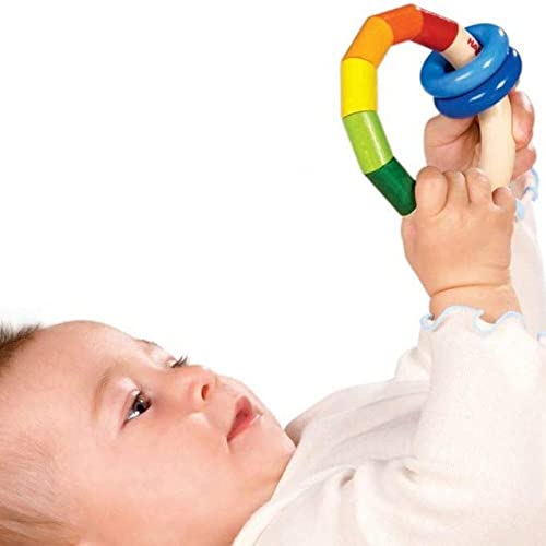 Image of HABA Wooden Rainbow Teething Rattle Toy for Babies 6-18 Months - Kringlering Wood Grasping Toy with Plastic Rings - Sensory Toys for Babies