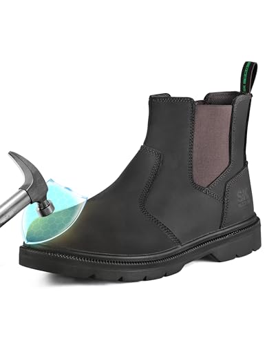SKPRO Men's Steel Toe Work Boots - Non Slip Chelsea Boots, Safety Slip-On Leather Boots Lightweight for Construction (Chocolate, 11)