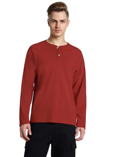 Image of Veirdo Pure Cotton Regular Fit Henley Neck Plain Solid Full Sleeve T-Shirt for Men & Boys (Color Options: Black, Red, Swanwhite, Navy Blue, White, Cork, Green, Maroon, Mustard, Royal Blue)