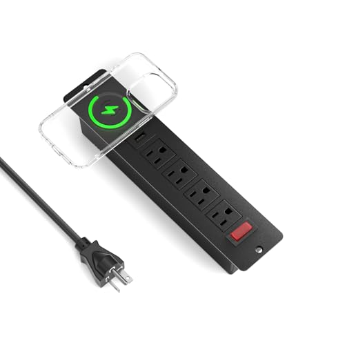 Regleta de alimentación empotrada con cargador inalámbrico de 15 W, enchufe empotrado para muebles con carga rápida USB C, estación de carga para ordenador y 4 enchufes, 2 puertos USB,