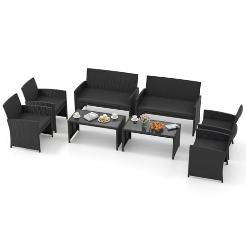 Image of Tangkula 8 Pieces Patio Wicker Furniture Set, Outdoor Heavy Duty Rattan Cushioned Chairs, Loveseat and Tempered Glass Coffee Table, for Backyard, Balcony, Poolside (2, Black)