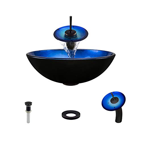 Promo Discount Up To 70% Off MR Direct 608-WF-ABR Glass Vessel Sink Foil Undertone with Waterfall Faucet and Pop-Up Drain in Antique Bronze, Blue, Black Exclusive Discount 80% Offer MR Direct 608-WF-ABR Glass Vessel Sink Foil Undertone with Waterfall Faucet and Pop-Up Drain in Antique Bronze, Blue, Black