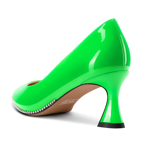 Image of TNYNFBEB Womens Mid Kitten Heel Pointed Toe Pumps Slip-on Silver Beaded Prom Party Dress Patent Leather 2.6 Inches Heels