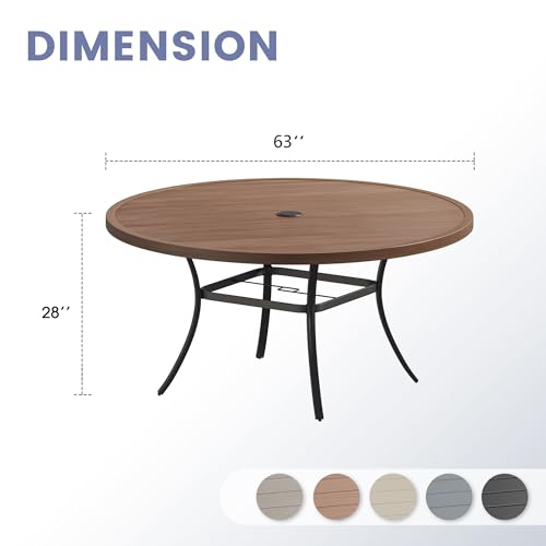 Image of VICLLAX 63 inch Round Patio Table, Outdoor Dining Table for 8-10 with Umbrella Hole for Garden Lawn Deck Backyard, Walnut