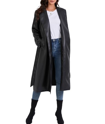 SEMATOMALA Women's Black Faux Leather Long Coat PU Leather Notched Lapel Trench Coat Open Front Maxi Jacket Overcoat4