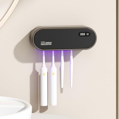 mumisuto Porta Cepillo de Dientes con Esterilizador UV, Dispensador Pasta de Dientescon Función de Secado y Temporizador, Soporte Cepillo de Dientes con 4 Ranuras, USB Recargable 1800mAh (Negro)
