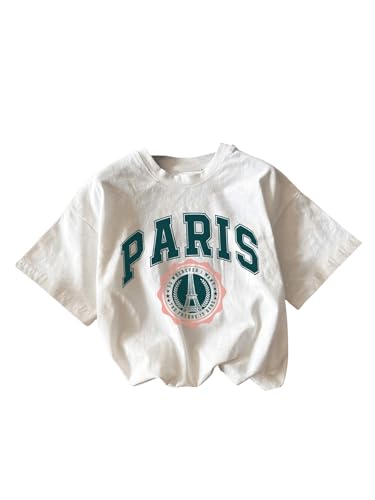 Verdusa Girl's Letter Print Casual T Shirt Short Sleeve Round Neck Tee Tops White Green 12Y