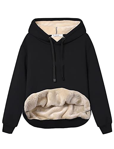 Fenclushy Womens Winter Hoodies Warm Fleece Sherpa Lined Pullover Hooded Sweatshirt(Black,XL)