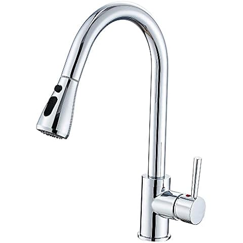 Heable Kitchen Sink Mixer Tap with Pull Down Sprayer Chrome, Single Handle High Arc Pull Out Kitchen Taps, Single Level Solid Brass Kitchen Faucet with UK Standard Fittings Cover