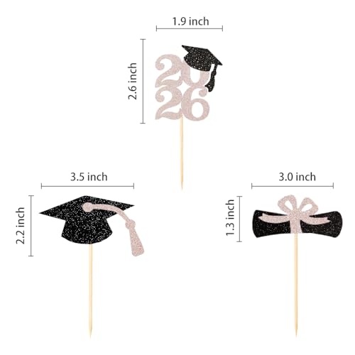 Image of Class of 2026 Glitter Graduation Cupcake Topper, Food /Appetizer Picks for Graduation Party (Rose Gold)