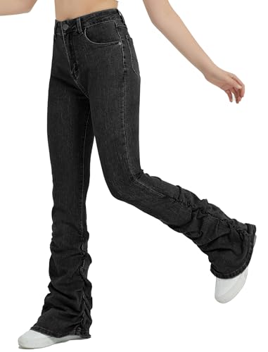 EXARUS Girls Flare Jeans High Waisted Denim Bell Bottom Casual Kids School Ruch Pants with Pockets