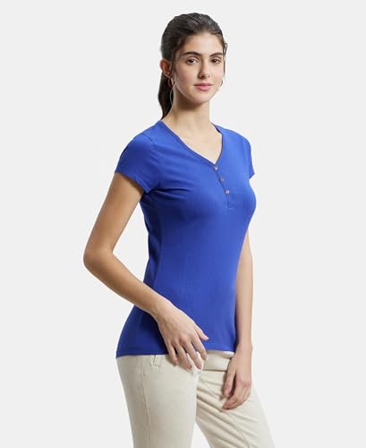 Image of Jockey UL03 Women's Super Combed Cotton Elastane Stretch Slim Fit Solid V Neck Henley Styled Half Sleeve T-Shirt