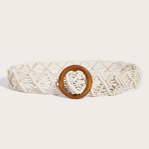 Boho Belt for Women Bohemian Waist Belt Skirt Accessory Cotton Linen Rope Wooden White Summer Spring Beach4