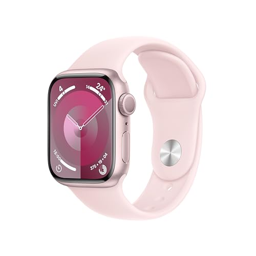 Image of Apple Watch Series 9 [GPS 41mm] Smartwatch with Pink Aluminum Case with Light Pink Sport Band S /M. Fitness Tracker, Blood Oxygen & ECG Apps, Always-On Retina Display, Water Resistant