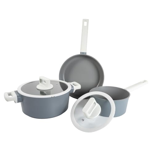 BOREINE Batterie de Cuisine 5 Pce, Lot Casseroles et Poeles avec Couvercles, Revêtement Antiadhésif en Granit sans PFOA, Compatible Tous Feux (Induction,...