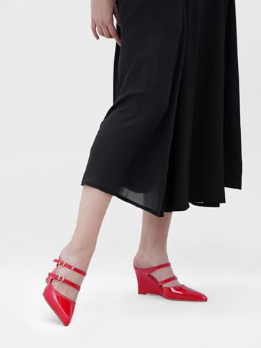 Oh Mispares Pointed Toe Heels Wedge Pumps for Women Slip-on 3 Inch Buckle Strap Patent Leather High Heels for Wedding Bridal Prom Dress Black3