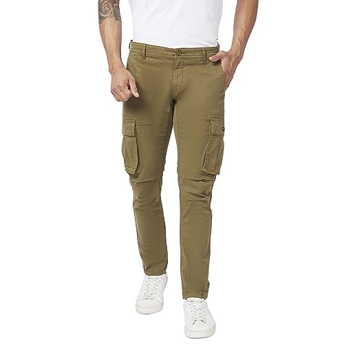 Image of Spykar Men Olive Green Cotton Slim Fit Ankle Length Mid Rise Trousers
