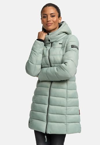MARIKOO Damen langer Wintermantel warmer Steppmantel mit abnehmbarer Kapuze Abendsternchen Smokey Mint Gr. L