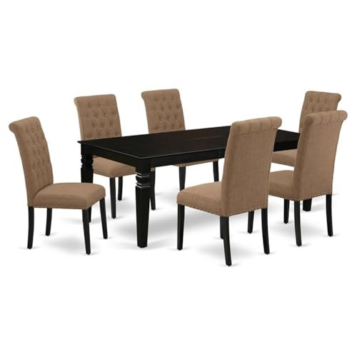 East West Furniture LGBR7-BLK-17 7 Piece Dining Room Table Set Consist of a Rectangle Kitchen Table with Butterfly Leaf and 6 Light Sable Linen Fabric Parsons Chairs, 42x84 Inch, Black