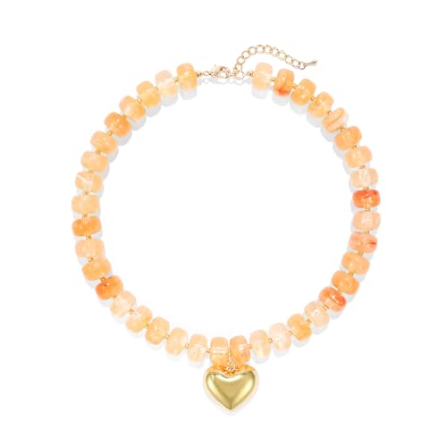 Wassazi Orange Chunky Beaded Necklace for Women, Colorful Acrylic Bead Statement Puff Heart Pendant Necklace, Cute Boho Y2K Choker Necklace for Gift Jewelry