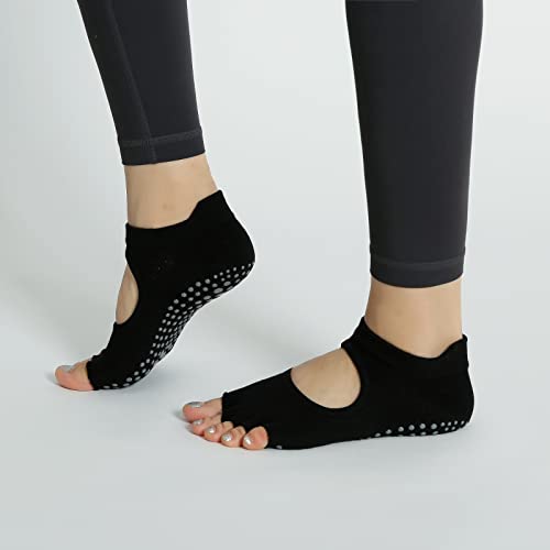 Image of Yoga Pilates Toe Socks Toeless Socks with Grips for Women Non Slip Cushioned Low Cut Ankle Socks for Dance