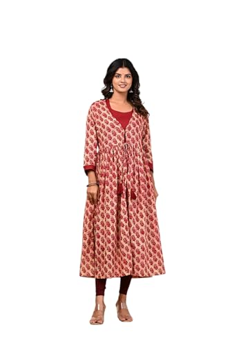 Image of KANNAHI Women Pure Cotton Printed Straight Calf Length Regular Jaipuri Kurta and Shrug Set with Floral Print for Womens & Girls Grey
