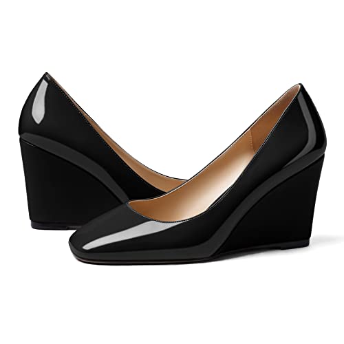 Soireelady Womens Square Toe Wedges High Heel Pumps Slip On Wedge Heels Classic Wedge Pumps Patent Leather Elegant Dressy Daily Shoes4