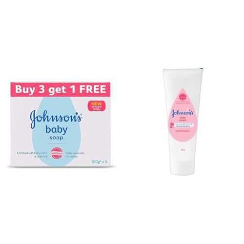 Image of Johnson & Johnson Baby Soap For Bath Combo Offer Pack, 100G (Buy 3 Get 1 Free) & Johnson's Baby Cream For Summer, 100G