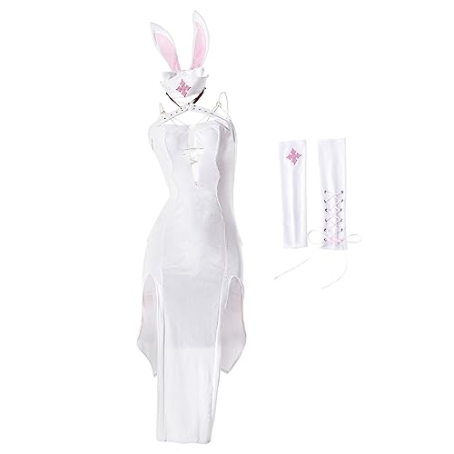 Generisch Disfraz sexy de enfermera para mujer, disfraz de cosplay de Halloween y mujer, sexy, gótico, cosplay, conejito, sin espalda, con cordón, ranura alta, disfraz de pirata, Blanco, talla única