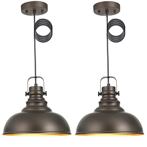 2 Packs Farmhouse Pendant Lights Kitchen Island Adjustable Pendant Light Fixtures Rustic Industrial Hanging Lamp,Oil Rubbed Bronze