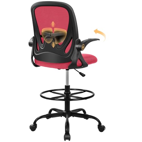 Image of Primy Drafting Chair Tall Office Chair with Flip-up Armrests Executive Ergonomic Computer Standing Desk Chair with Lumbar Support and Adjustable Footrest Ring (Fire Brick)