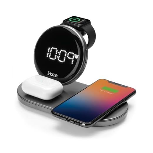 iHome POWERBOOST Quad 4-in-1 Dual Qi Wireless Fast Charger, Airpod Charging, Apple Watch Charger, and USB Charging Alarm Clock, 30W Total Power Output (iWW33)