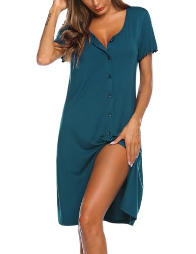 Image of Ekouaer Women's Nightshirt Short Sleeve Button Down Nightgown V-Neck Sleepwear Pajama Dress
