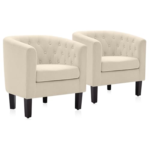 Image of BELLEZE Accent Barrel Arm Chair Set of 2, Modern Comfy Upholstered Tufted Club Chair with Sturdy Legs and Linen Fabric for Bedroom Living Room - White