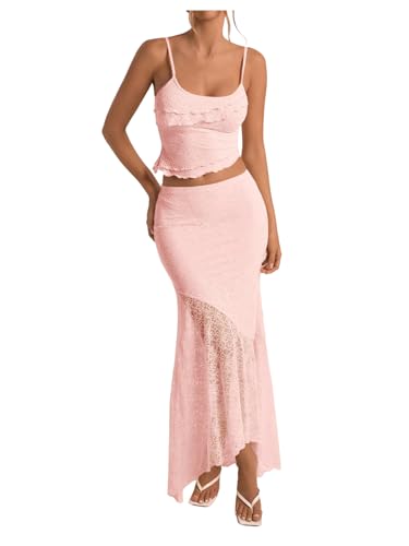 Milumia Womens 2 Piece Outfits Ruffle Trim Cami Crop Top and Low Rise Maxi Skirt Set Light Pink Small