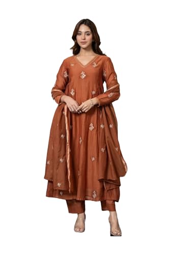 Parvdi anarkali kurta set for women with dupatta Embroidered Long Flared Salwar Suit dress, Orange, XS