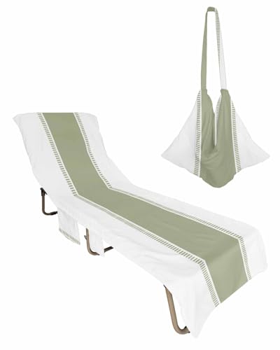 Sage Green Striped Beach Lounge Chair Towel Cover, Soft Chaise Lounge Towel with Side Pockets Patio Pool Chairs Cover for Beach/Pool Sunbathing 29x85 Modern Geometric Abstract Art
