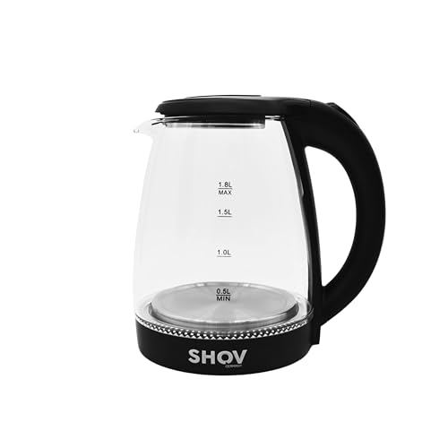SHOV Bouilloire en verre - 1,8 l - 1 500 W - Base à 360° - Rapport qualité-prix gagnant - Protection contre la cuisson à sec - Noir