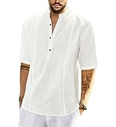 JMIERR Mens Cotton Linen Henley Shirt Casual Button Down Short Sleeve Tropical Shirts Summer Beac...