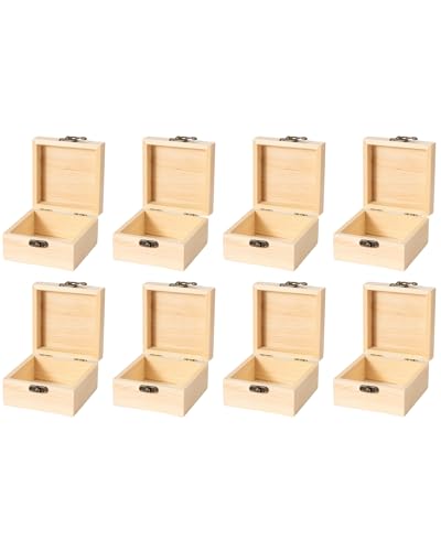 Image of 8 Piece Small Wooden Box Unfinished Wooden Treasure Box with Lids for DIY Crafts (4.5X4.5X3 inches)