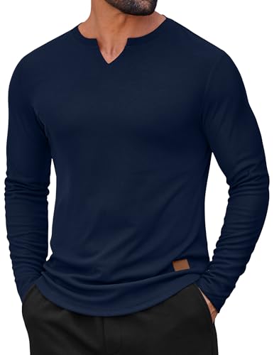 COOFANDY Mens Casual V Neck T Shirt Slim Fitted Long Sleeve Muscle Henley Stretch Tee Shirts for Athletic Running Gym Workout Navy Blue