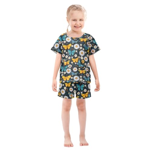 Pajama Sets Butterflies Daisies Pattern Short Sleeve Summer Sleepwear 2 Piece Pjs3