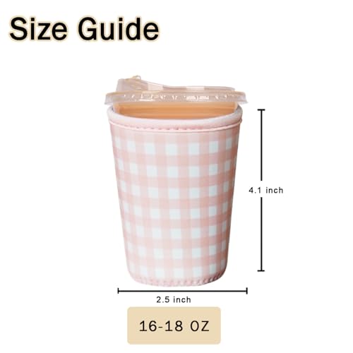 Image of Reusable Insulated Sleeve for Iced Coffee Cup, Coffee Neoprene Sleeve for Cold & Hot Drinks, Beverage Holder for Iced Coffee (Pink Gingham, Small: 16-18oz)