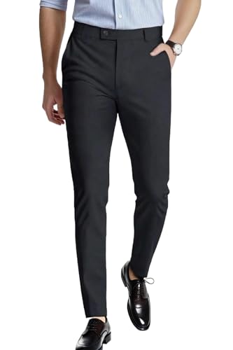 GINGTTO Mens Grey Dress Pants Slim Fit Chino Pants for Men Stretch(32W30L,Grey Plain with Extended Belt)