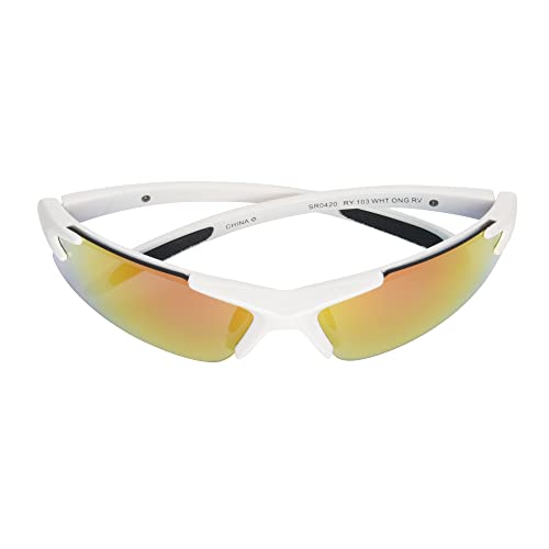 Image of Rawlings Base Runner Youth Baseball Sunglasses, Shiny White /Orange Mirror, 66mm