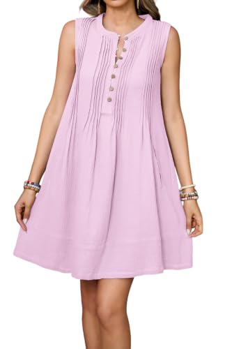 Image of R.Vivimos Sleeveless Cotton Casual Dresses for Women Summer 2026 Button Up Ruched Loose Tunic Mini Dress with Pockets